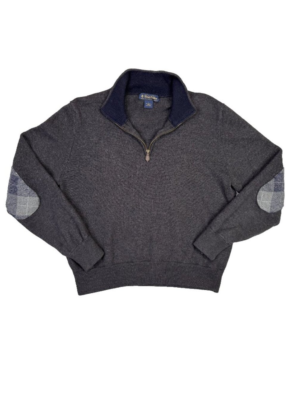 Brooks Brothers Merino Wool Sweater Mens L Gray 1/4 Zip Pullover Elbow Patch